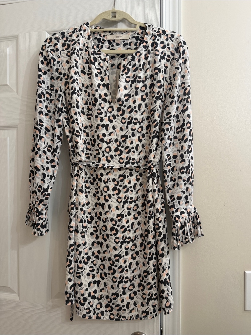 LOFT Leopard Print Tie-Waist Dress in Black, Cream & Blush